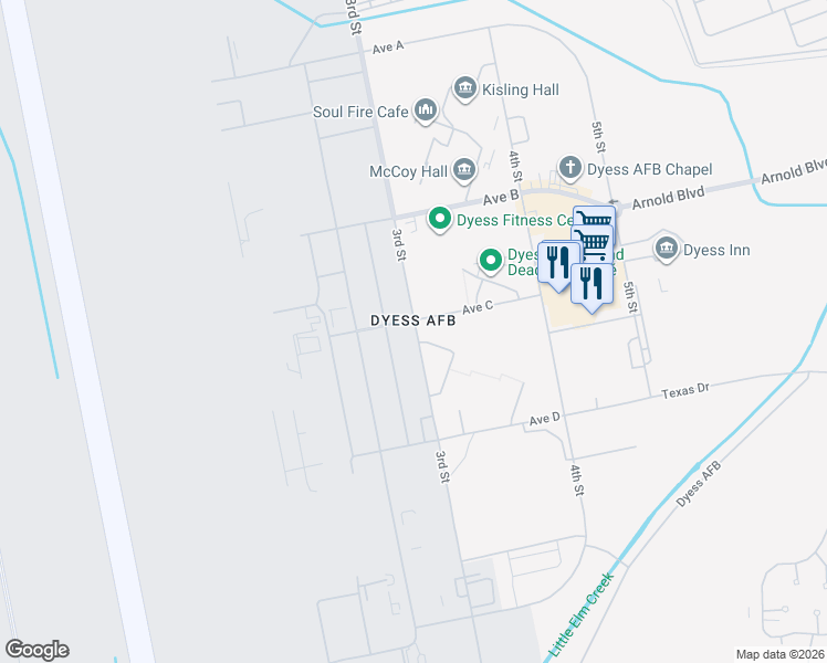 map of restaurants, bars, coffee shops, grocery stores, and more near 3rd Street in Dyess Air Force Base