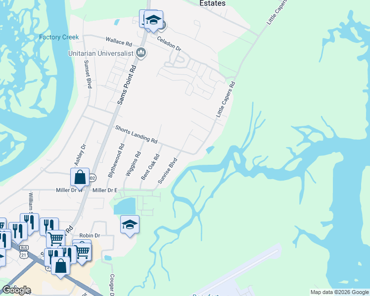 map of restaurants, bars, coffee shops, grocery stores, and more near 4 Shelby Lane in Beaufort