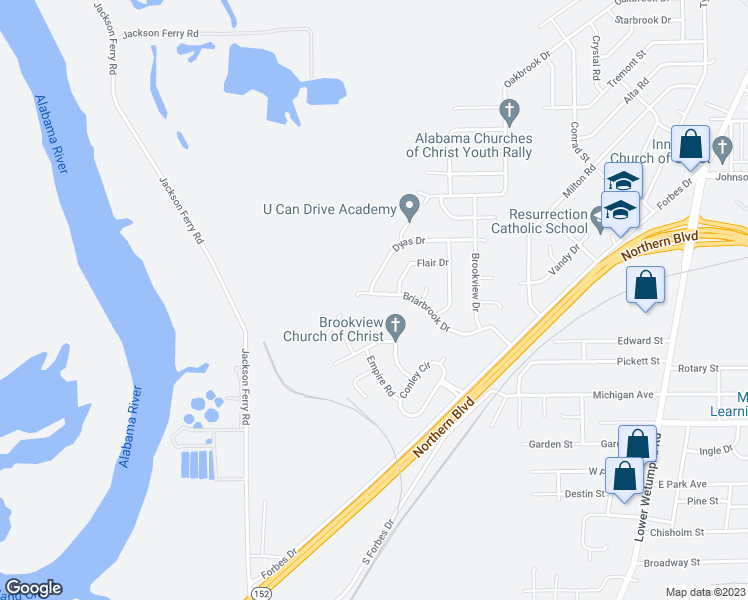 map of restaurants, bars, coffee shops, grocery stores, and more near 321 Briarbrook Drive in Montgomery