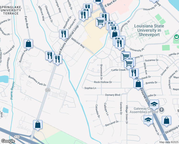 map of restaurants, bars, coffee shops, grocery stores, and more near 618 Turtle Creek Drive in Shreveport