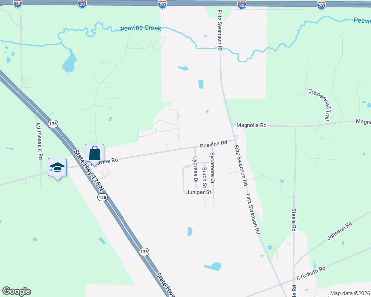 map of restaurants, bars, coffee shops, grocery stores, and more near Peavine Road in Kilgore