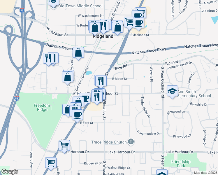 map of restaurants, bars, coffee shops, grocery stores, and more near 218 South Wheatley Street in Ridgeland