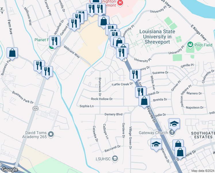 map of restaurants, bars, coffee shops, grocery stores, and more near 520 Turtle Creek Drive in Shreveport