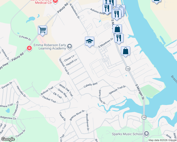 map of restaurants, bars, coffee shops, grocery stores, and more near 1807 West Spanish Oak Drive in Granbury