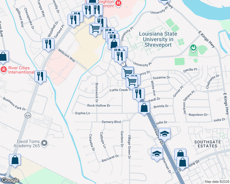 map of restaurants, bars, coffee shops, grocery stores, and more near 508 Turtle Creek Drive in Shreveport