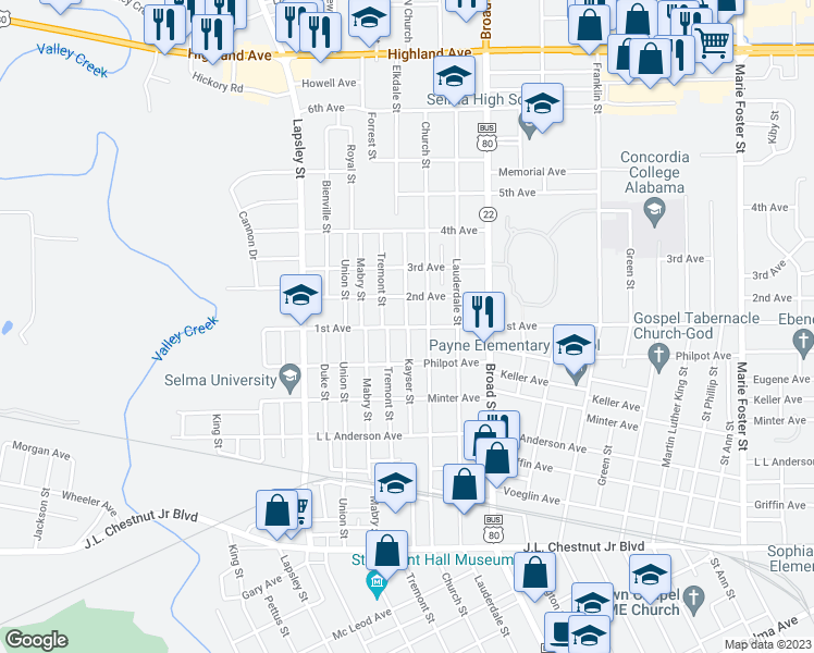 map of restaurants, bars, coffee shops, grocery stores, and more near 1701 Kayser Street in Selma
