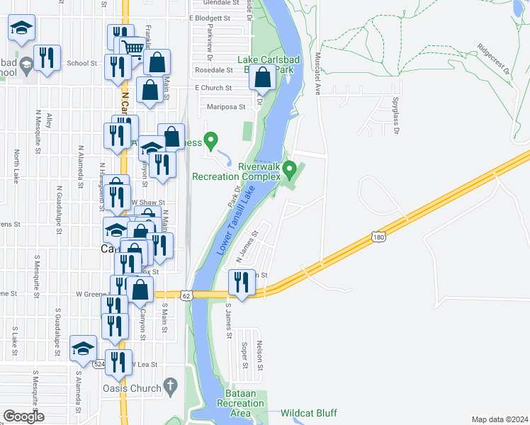 map of restaurants, bars, coffee shops, grocery stores, and more near 215 North James Street in Carlsbad