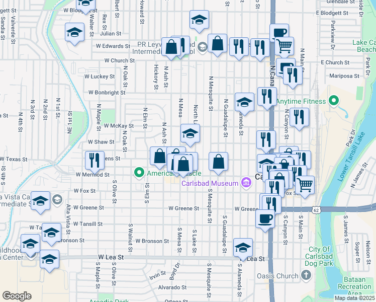 map of restaurants, bars, coffee shops, grocery stores, and more near 700 West Stevens Street in Carlsbad