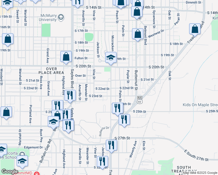 map of restaurants, bars, coffee shops, grocery stores, and more near 2134 Jeanette Street in Abilene