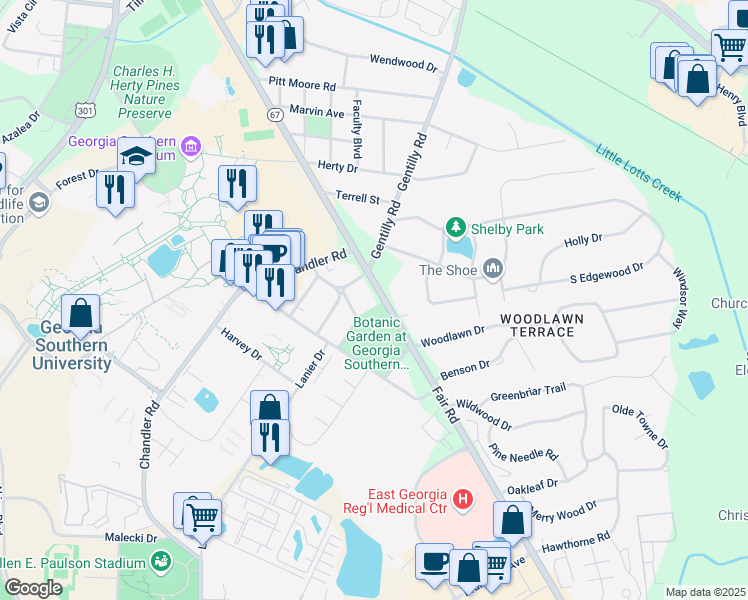 map of restaurants, bars, coffee shops, grocery stores, and more near 1206 Georgia 67 in Statesboro