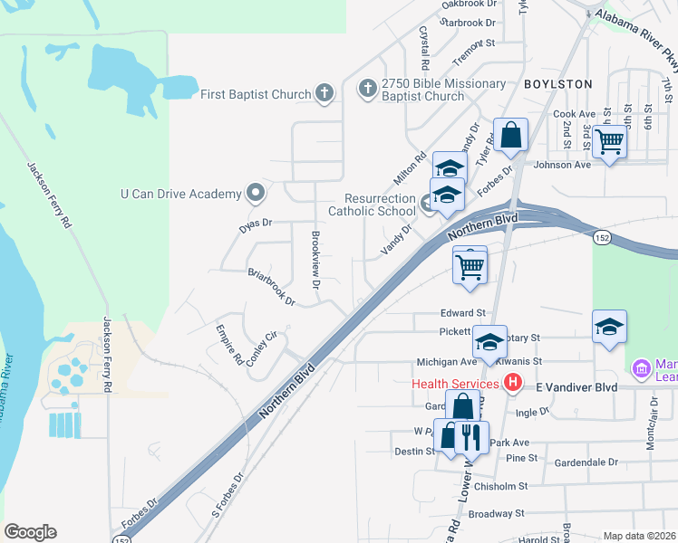 map of restaurants, bars, coffee shops, grocery stores, and more near 101 Wawana Court in Montgomery