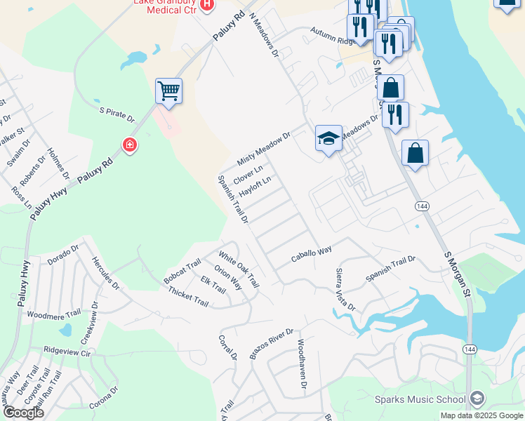 map of restaurants, bars, coffee shops, grocery stores, and more near 1508 Berry Patch Lane in Granbury