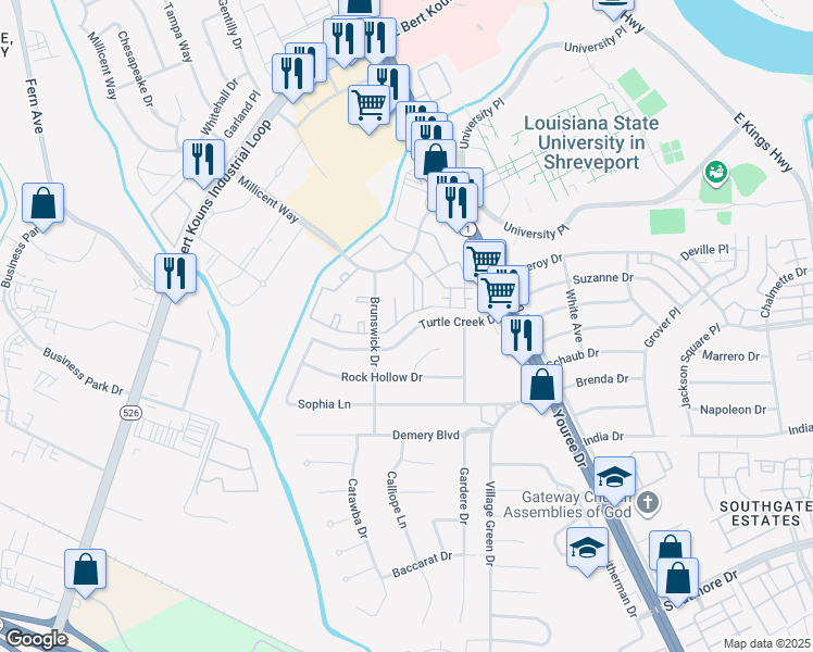 map of restaurants, bars, coffee shops, grocery stores, and more near 518 Turtle Creek Drive in Shreveport