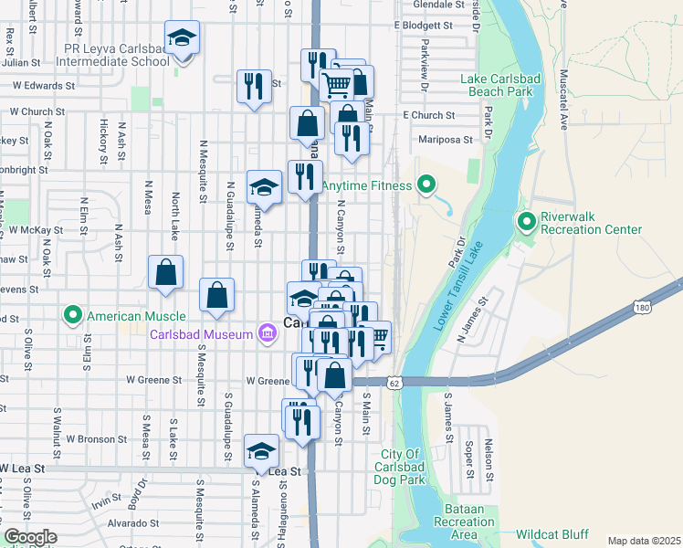 map of restaurants, bars, coffee shops, grocery stores, and more near 210 North Canyon Street in Carlsbad