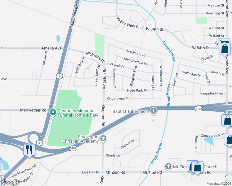 map of restaurants, bars, coffee shops, grocery stores, and more near 742 Hyde Park Place in Shreveport