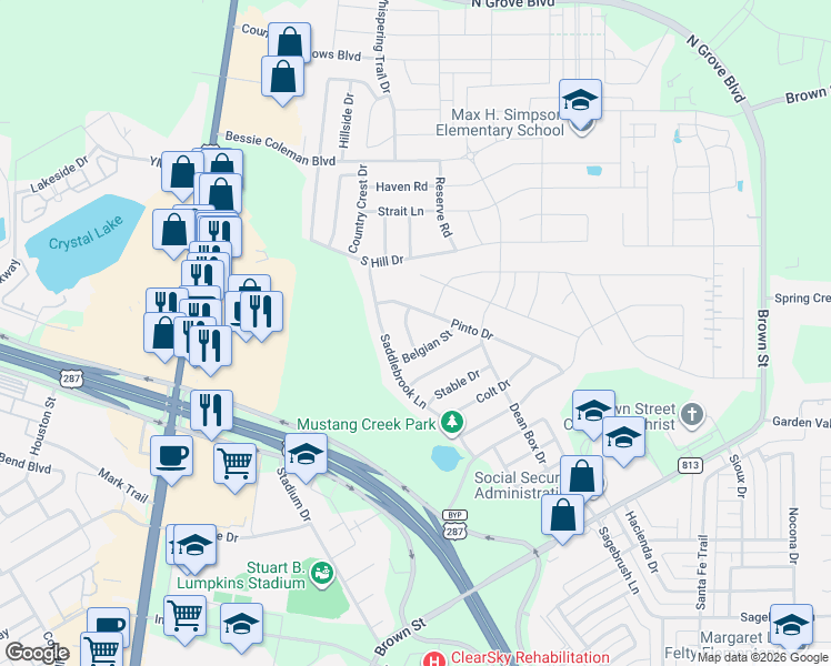 map of restaurants, bars, coffee shops, grocery stores, and more near 254 Calvert Street in Waxahachie
