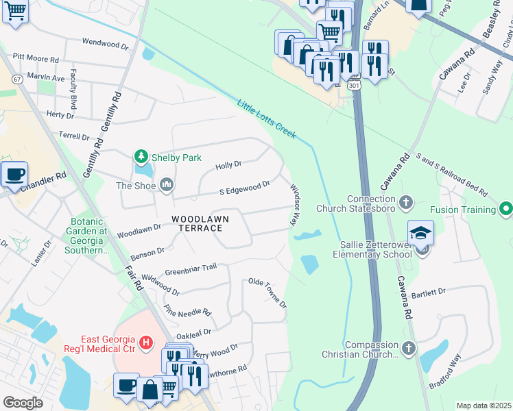 map of restaurants, bars, coffee shops, grocery stores, and more near 103 Dumbarton Drive in Statesboro