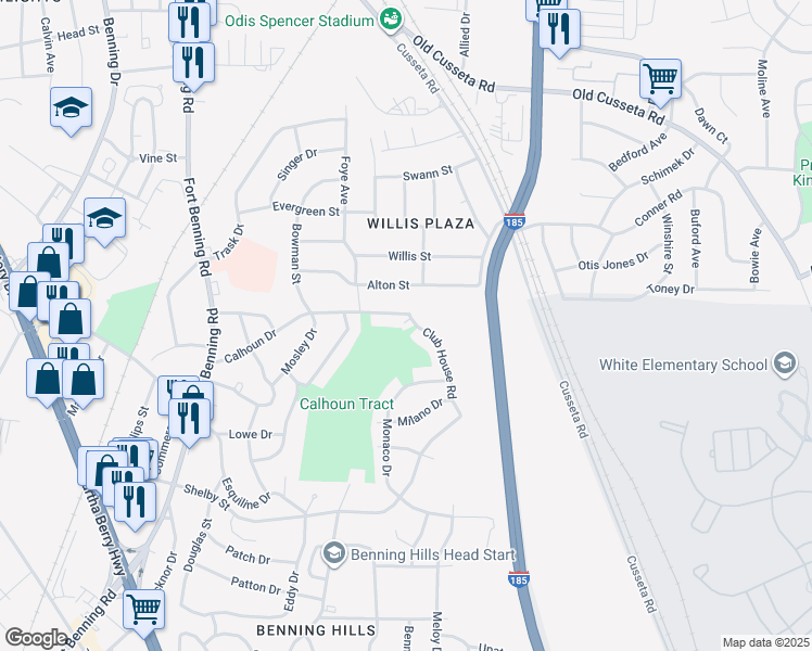 map of restaurants, bars, coffee shops, grocery stores, and more near 1125 Club House Road in Columbus