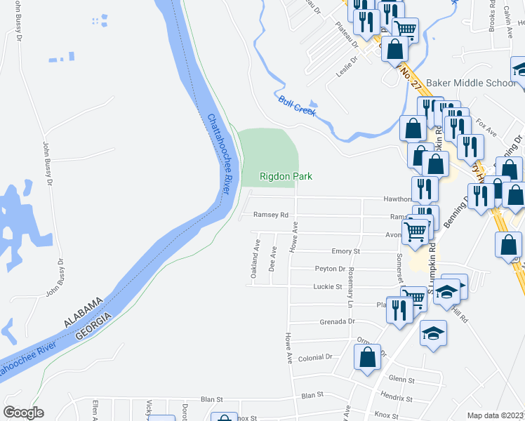 map of restaurants, bars, coffee shops, grocery stores, and more near 2719 Ramsey Road in Columbus