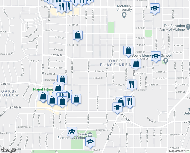 map of restaurants, bars, coffee shops, grocery stores, and more near 2618 South 22nd Street in Abilene