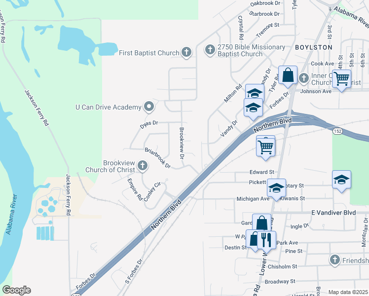 map of restaurants, bars, coffee shops, grocery stores, and more near 435 Brookview Drive in Montgomery