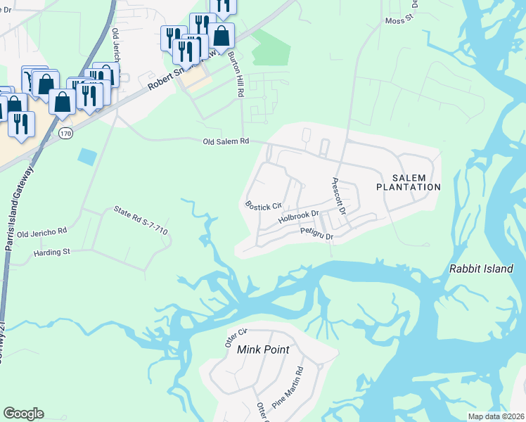 map of restaurants, bars, coffee shops, grocery stores, and more near 46 Bostick Circle in Beaufort