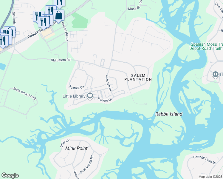 map of restaurants, bars, coffee shops, grocery stores, and more near 5 Holbrook Drive in Beaufort