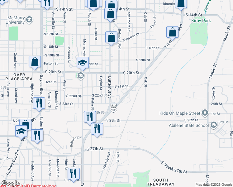 map of restaurants, bars, coffee shops, grocery stores, and more near 2258 South Treadaway Boulevard in Abilene