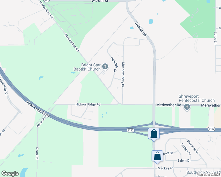 map of restaurants, bars, coffee shops, grocery stores, and more near 3242 Meriwether Road in Shreveport