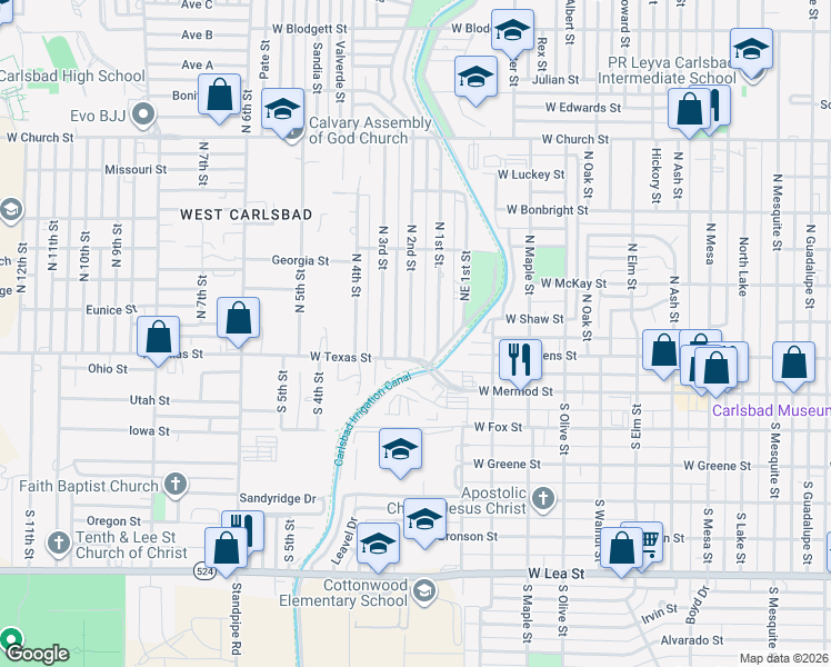 map of restaurants, bars, coffee shops, grocery stores, and more near 201 N 2nd St in Carlsbad