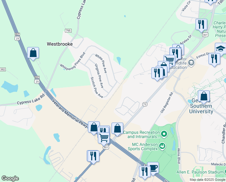map of restaurants, bars, coffee shops, grocery stores, and more near 5062 Scotch Pine Avenue in Statesboro