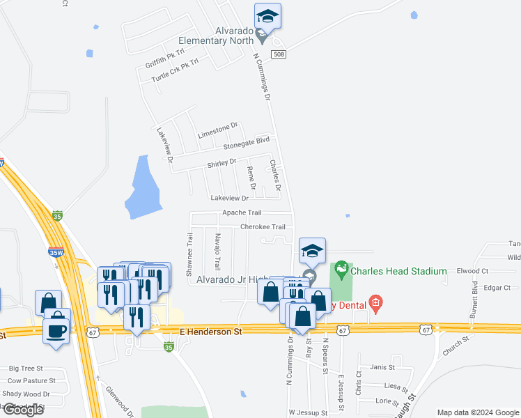 map of restaurants, bars, coffee shops, grocery stores, and more near 116 Apache Trail in Alvarado