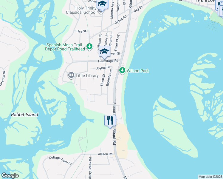 map of restaurants, bars, coffee shops, grocery stores, and more near 864 Ribaut Road in Beaufort