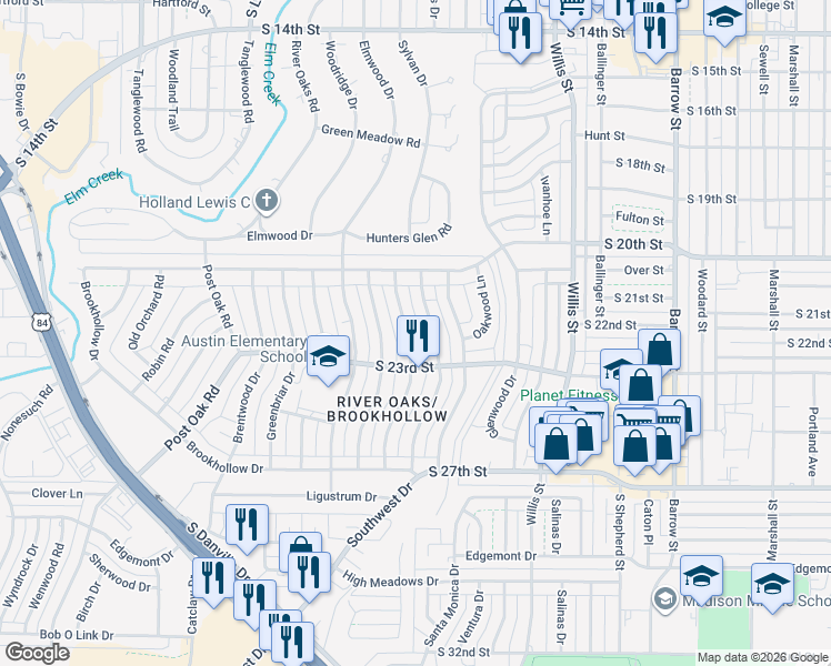 map of restaurants, bars, coffee shops, grocery stores, and more near 2149 Regent Drive in Abilene