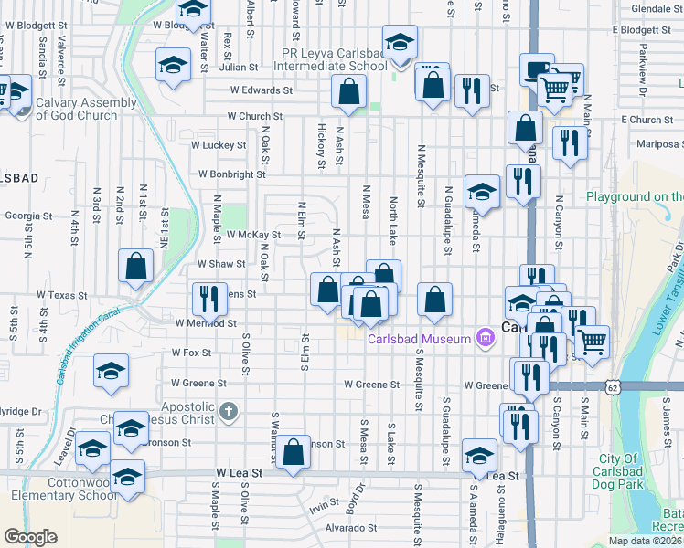 map of restaurants, bars, coffee shops, grocery stores, and more near 212 North Ash Street in Carlsbad