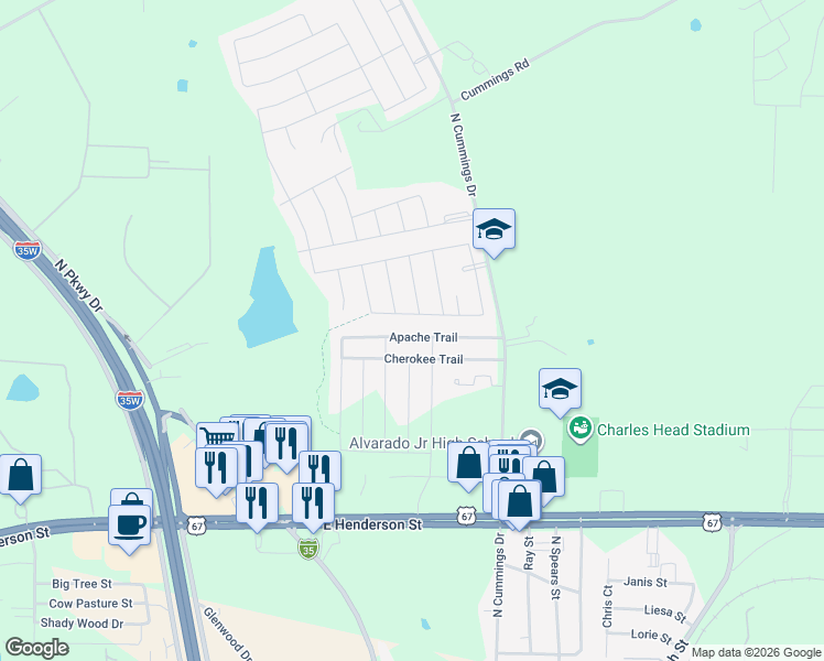map of restaurants, bars, coffee shops, grocery stores, and more near 206 Apache Trail in Alvarado