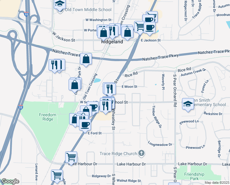 map of restaurants, bars, coffee shops, grocery stores, and more near 218 South Wheatley Street in Ridgeland