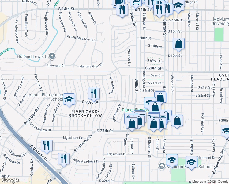 map of restaurants, bars, coffee shops, grocery stores, and more near 2165 Oakwood Ln in Abilene