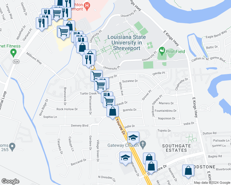 map of restaurants, bars, coffee shops, grocery stores, and more near 251 Johnnie Drive in Shreveport