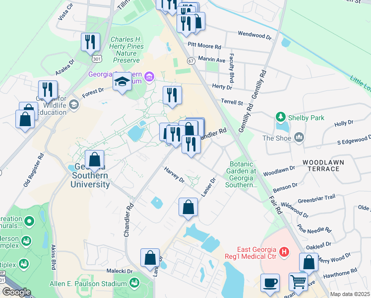 map of restaurants, bars, coffee shops, grocery stores, and more near 1550 Chandler Road in Statesboro