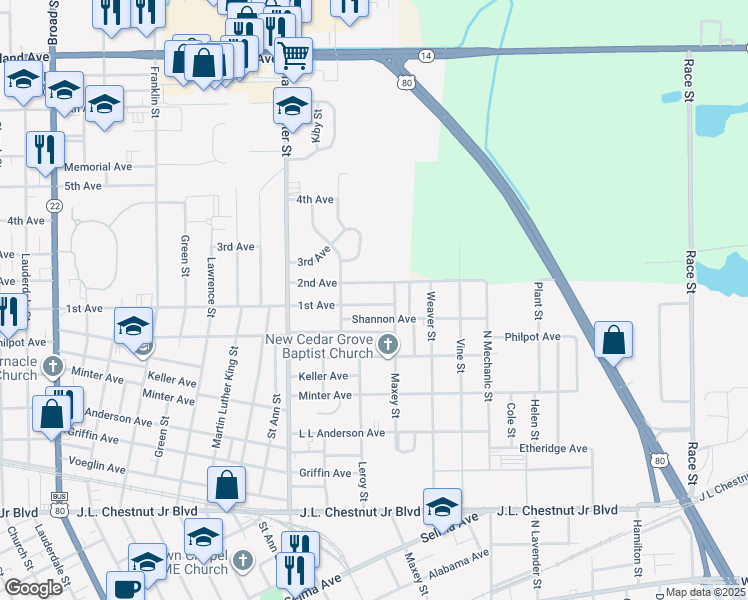 map of restaurants, bars, coffee shops, grocery stores, and more near 2021 1st Avenue in Selma