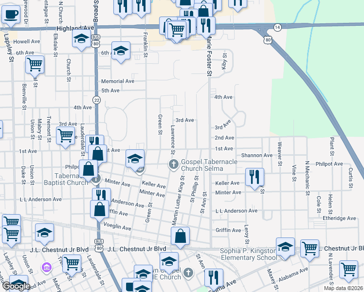 map of restaurants, bars, coffee shops, grocery stores, and more near 1707 Martin Luther King Street in Selma