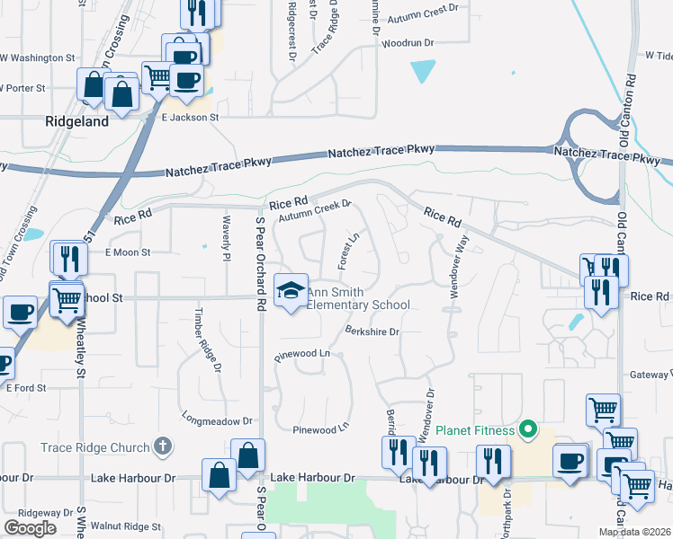 map of restaurants, bars, coffee shops, grocery stores, and more near 417 Forest Lane in Ridgeland
