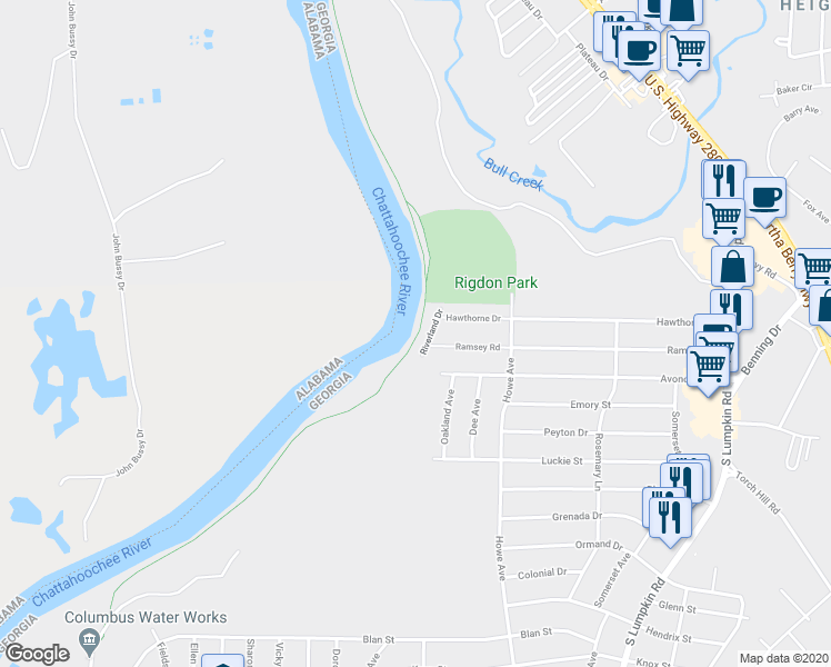 map of restaurants, bars, coffee shops, grocery stores, and more near 1811 Riverland Drive in Columbus
