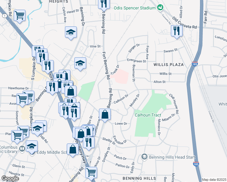 map of restaurants, bars, coffee shops, grocery stores, and more near 1702 Fort Benning Road in Columbus