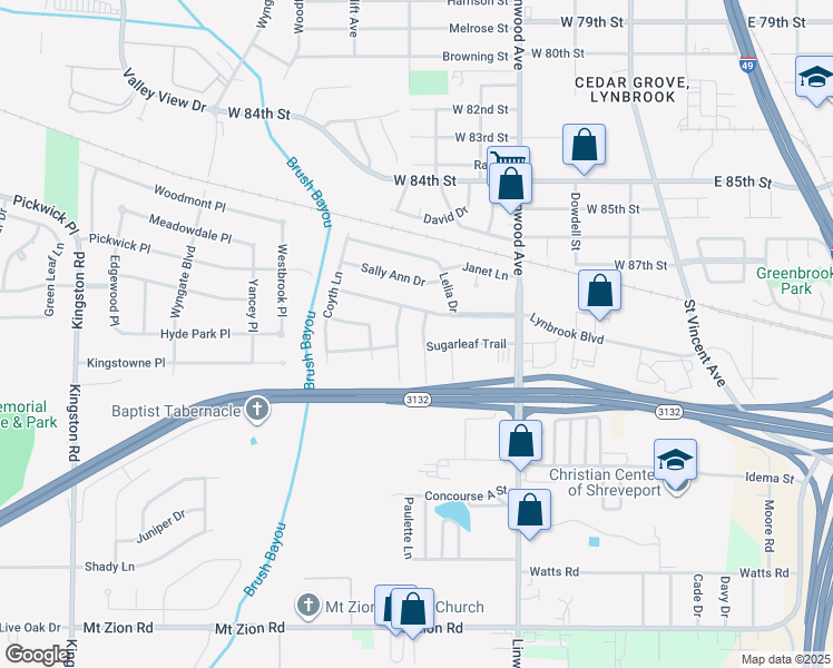 map of restaurants, bars, coffee shops, grocery stores, and more near 8814 Melanie Lane in Shreveport