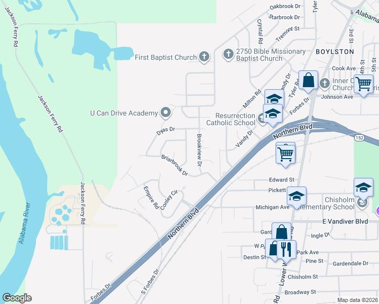 map of restaurants, bars, coffee shops, grocery stores, and more near 435 Brookview Drive in Montgomery