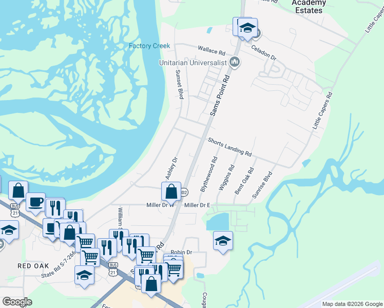 map of restaurants, bars, coffee shops, grocery stores, and more near 91 Sams Point Road in Beaufort