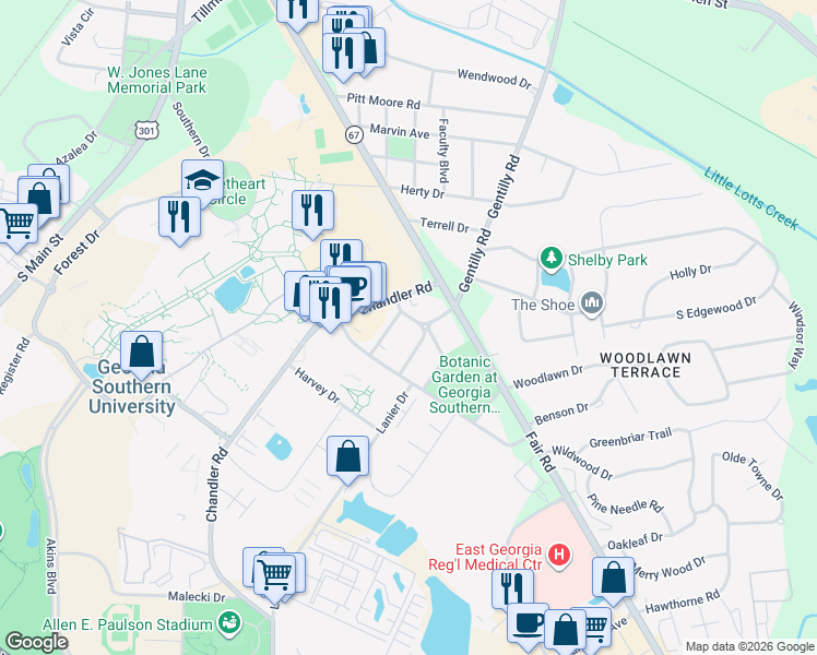 map of restaurants, bars, coffee shops, grocery stores, and more near 1502 O'Neal Drive in Statesboro