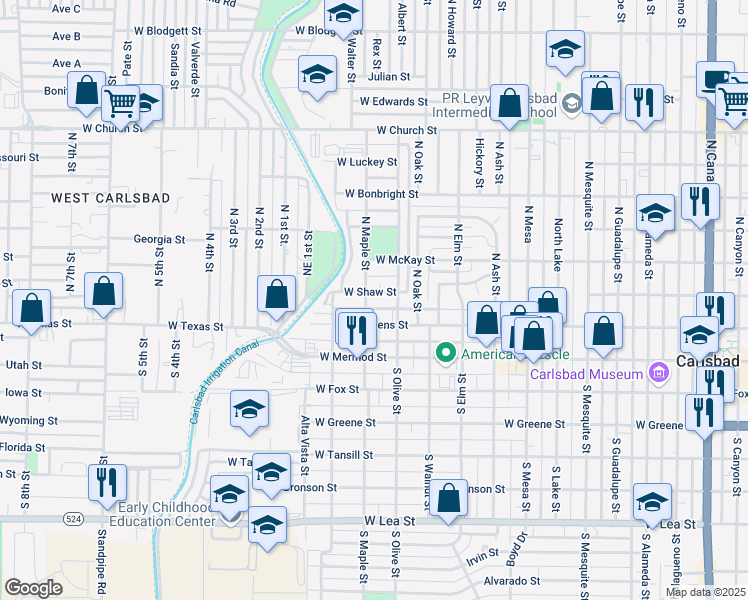 map of restaurants, bars, coffee shops, grocery stores, and more near 211 N Maple St in Carlsbad